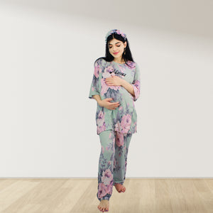 FLORAL GREEN DROP SHOULDER PAJAMA SET WITH MATCHING BABY ROMPER - STYLED BY MAMA