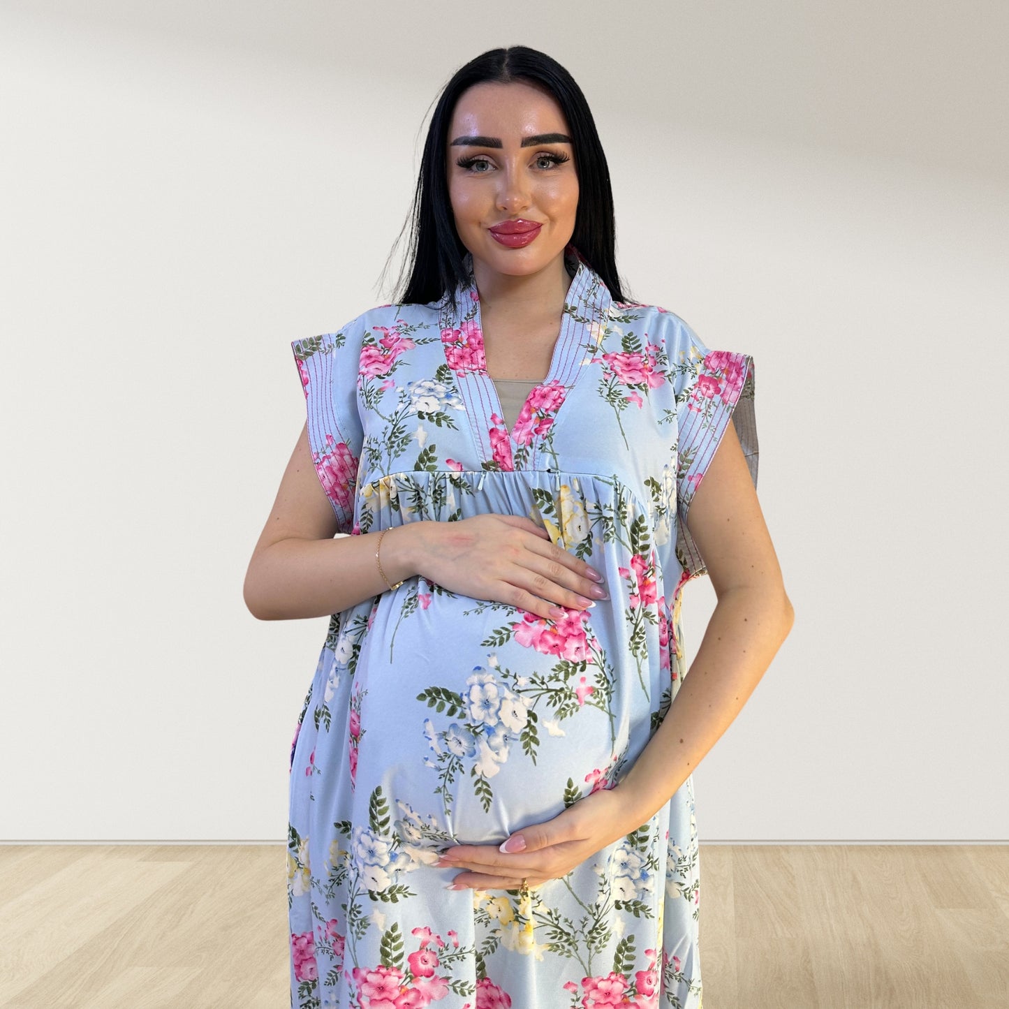 BABY BLUE FLORAL LULU SLEEVELESS MATERNITY AND NURSING GOWN