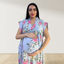 Load image into Gallery viewer, BABY BLUE FLORAL LULU SLEEVELESS MATERNITY AND NURSING GOWN
