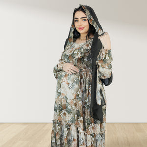 REEM COFFEE BROWN FLORAL DOUBLE ZIPPER MATERNITY AND NURSING DRESS