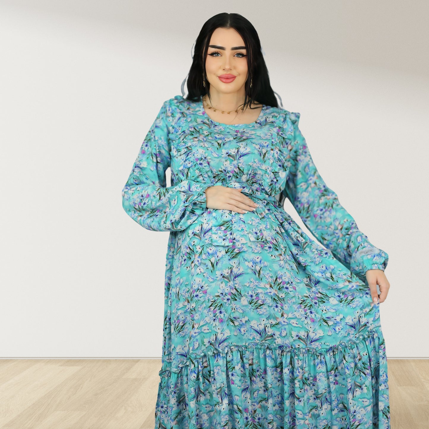 فستان ريم للحمل والرضاعة بلون أزرق سماوي مزين بالزهور، مزود بسحاب مزدوج
