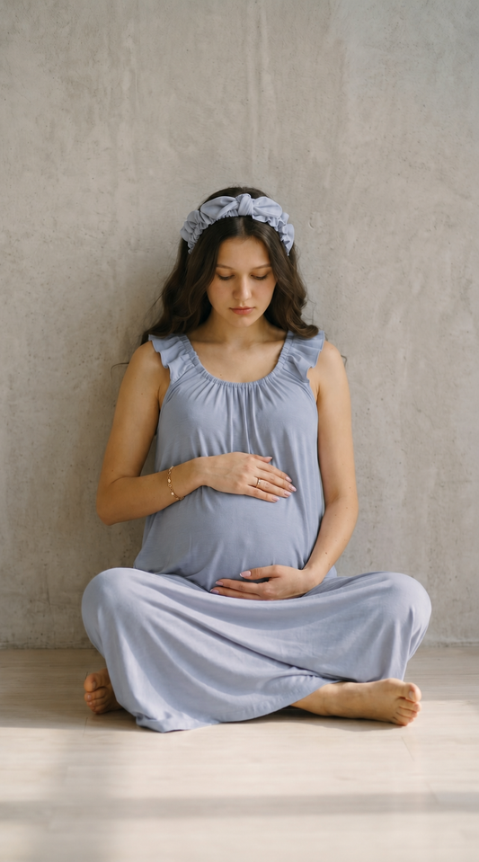 BLUE GREY SIGNATURE RUFFLED ROBE AND LETTUCE SWADDLE SET