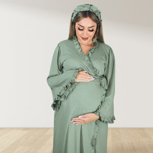 OLIVE GREEN BLUE SIGNATURE RUFFLED ROBE AND LETTUCE SWADDLE SET
