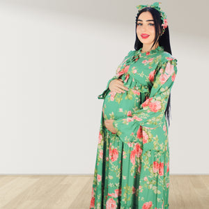 MALIKAT ALWURUD GREEN LAYERED MATERNITY AND NURSING GOWN