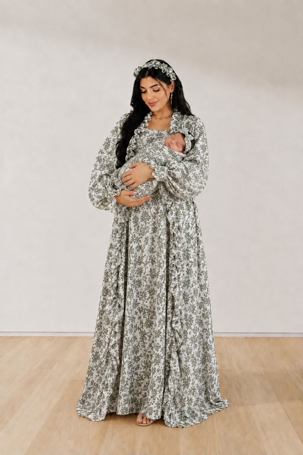 GREEN  FLORAL RUFFLE MATERNITY ROBE AND SWADDLE SET