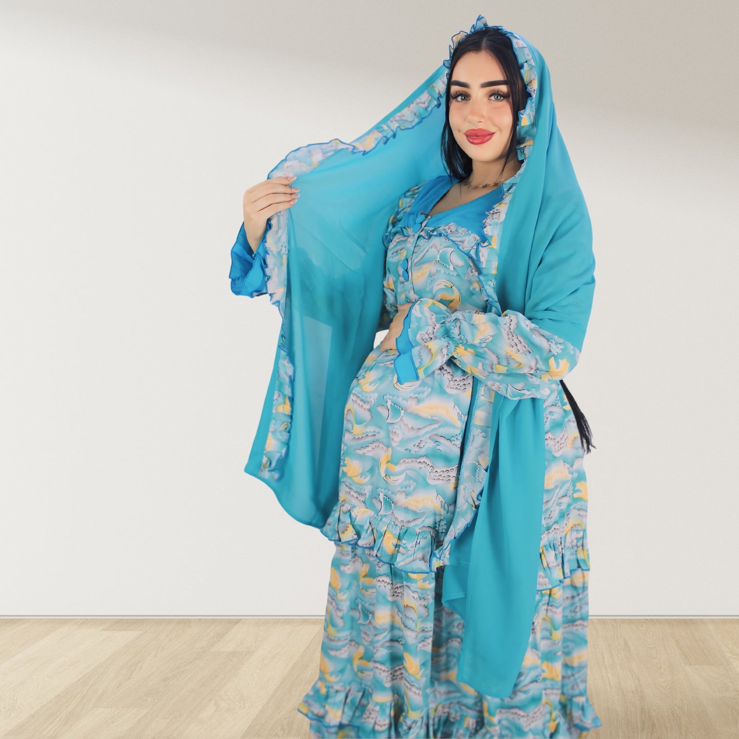 MAITHA VINTAGE CORAL BLUE DOUBLE LAYERED MATERNITY AND NURSING GOWN WITH ZIPPER