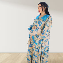 Load image into Gallery viewer, MAITHA VINTAGE BLUE DOUBLE LAYERED MATERNITY AND NURSING GOWN WITH ZIPPER
