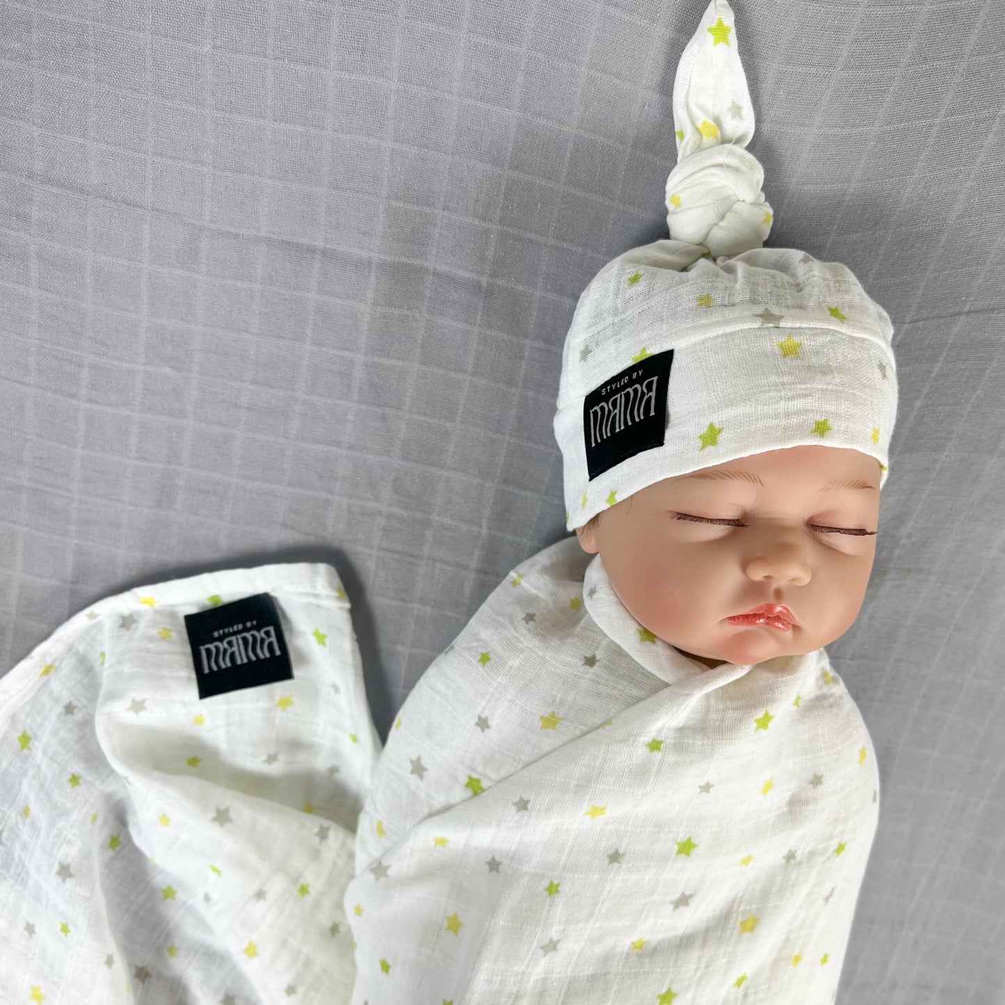 Star World Muslin organic cotton swaddles styled by mommy and me Arabia