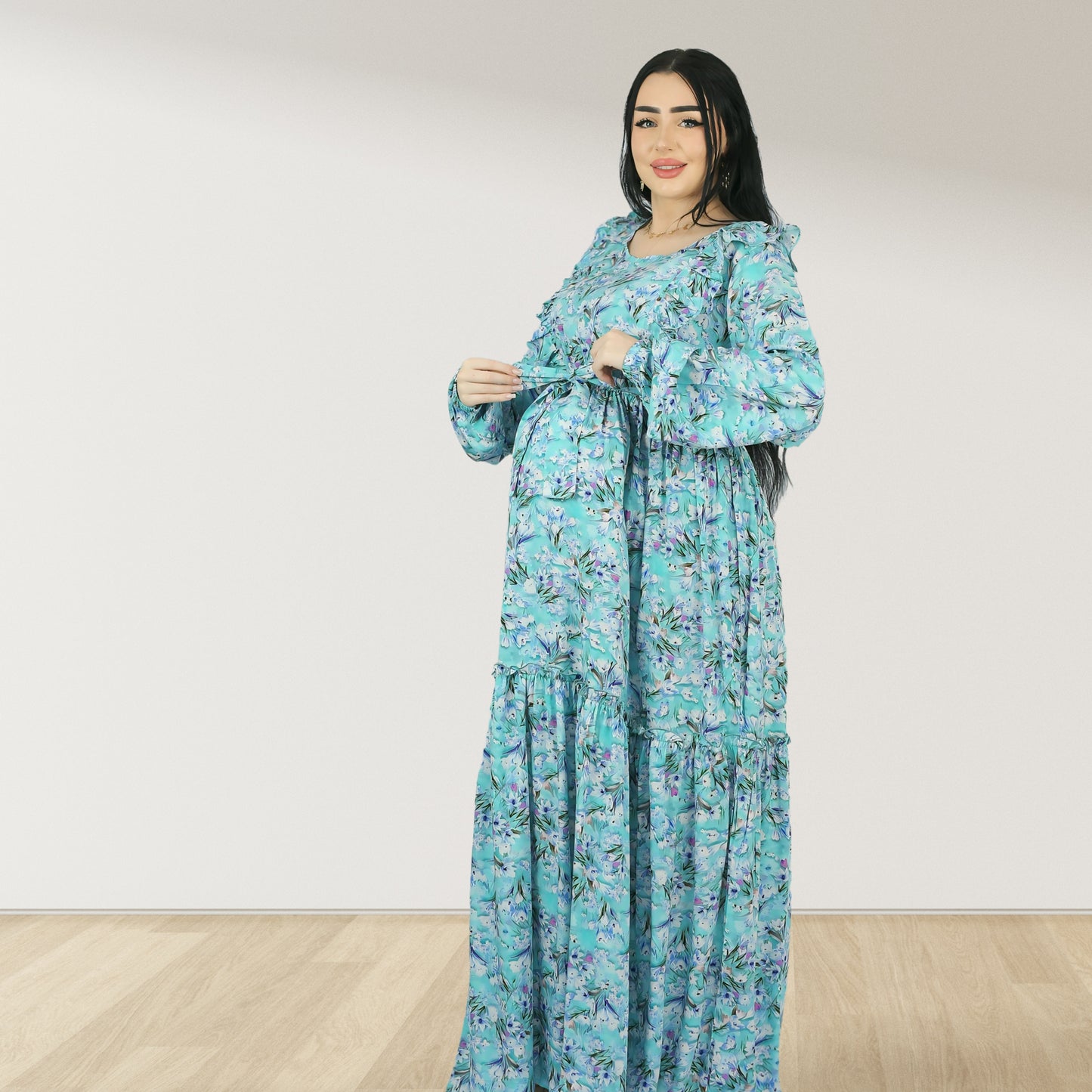 فستان ريم للحمل والرضاعة بلون أزرق سماوي مزين بالزهور، مزود بسحاب مزدوج