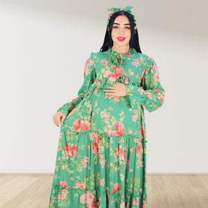 MALIKAT ALWURUD GREEN LAYERED MATERNITY AND NURSING GOWN