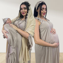 Load image into Gallery viewer, MOCHA BEIGE SIGNATURE RUFFLED ROBE AND LETTUCE SWADDLE SET
