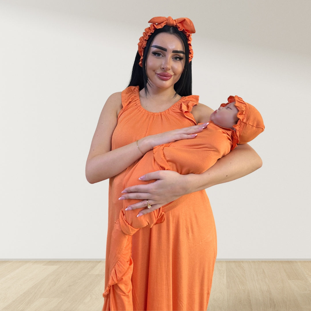 TANGERINE SIGNATURE RUFFLED ROBE AND LETTUCE SWADDLE SET