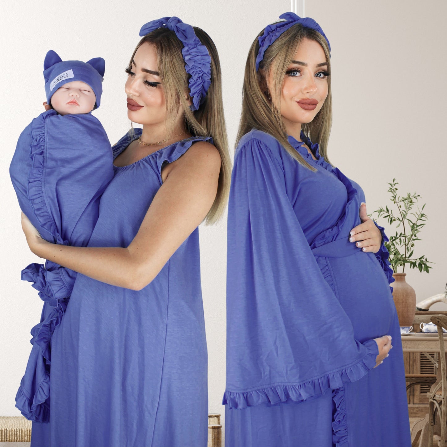CRAYOLA BLUE SIGNATURE RUFFLED ROBE AND LETTUCE SWADDLE SET