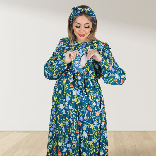 REEM BOHO GREEN ZIP MATERNITY AND NURSING GOWN