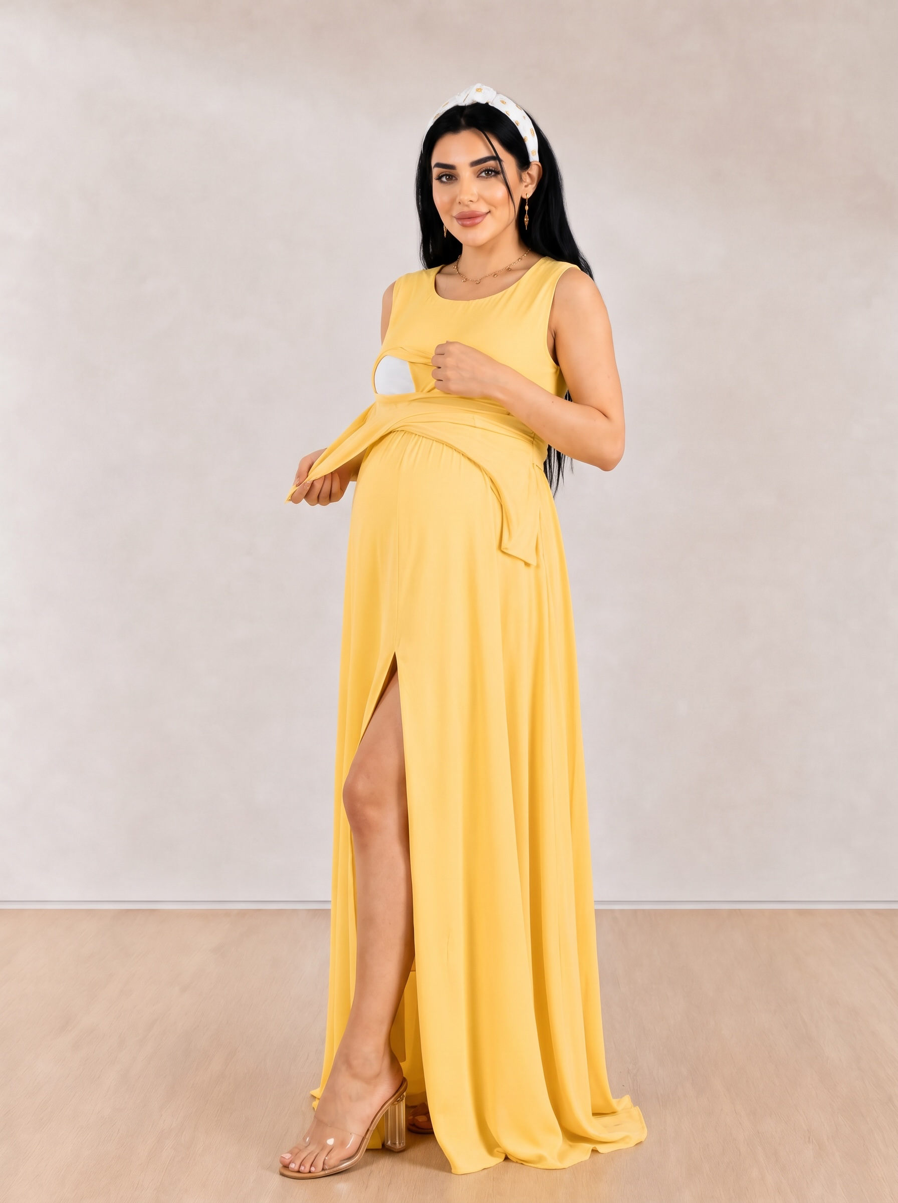 Additional view of Yellow and White Mommy and Me 5 in 1 Long Maternity Set