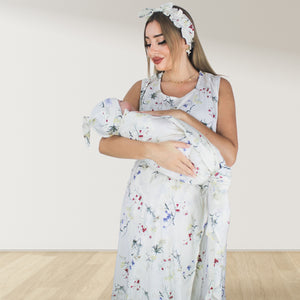 PEARL WHITE BOHO FLORAL  MOMMY AND ME 5 IN 1 LONG MATERNITY SET