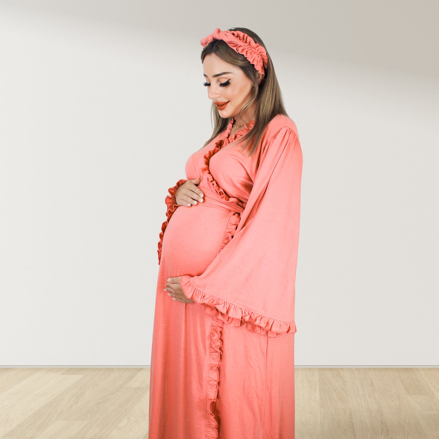 BLUSH PEACH SIGNATURE RUFFLED ROBE AND LETTUCE SWADDLE SET