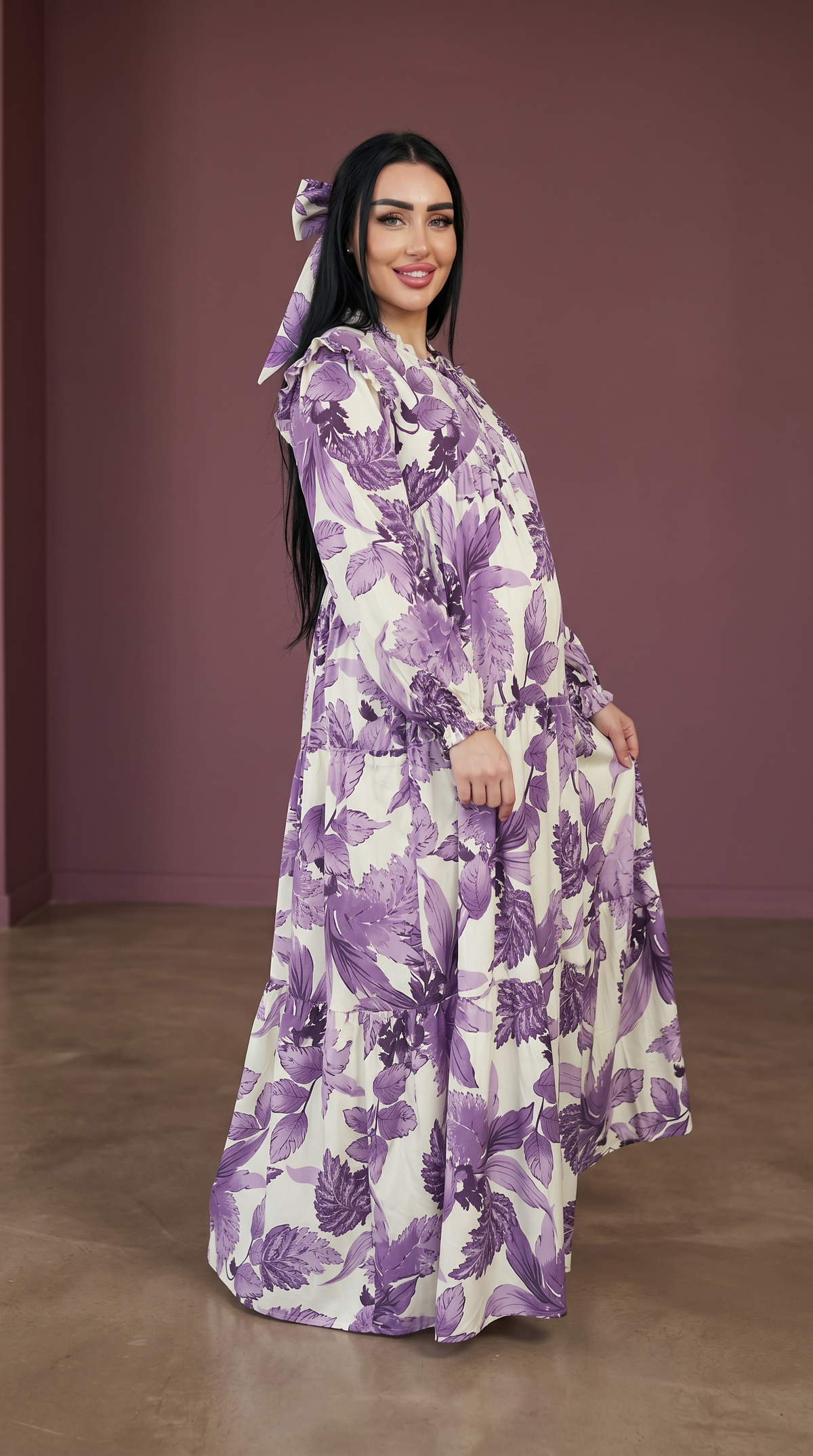Additional view of Malika Purple Ruffle Maternity and Nursing Dress With Zipper