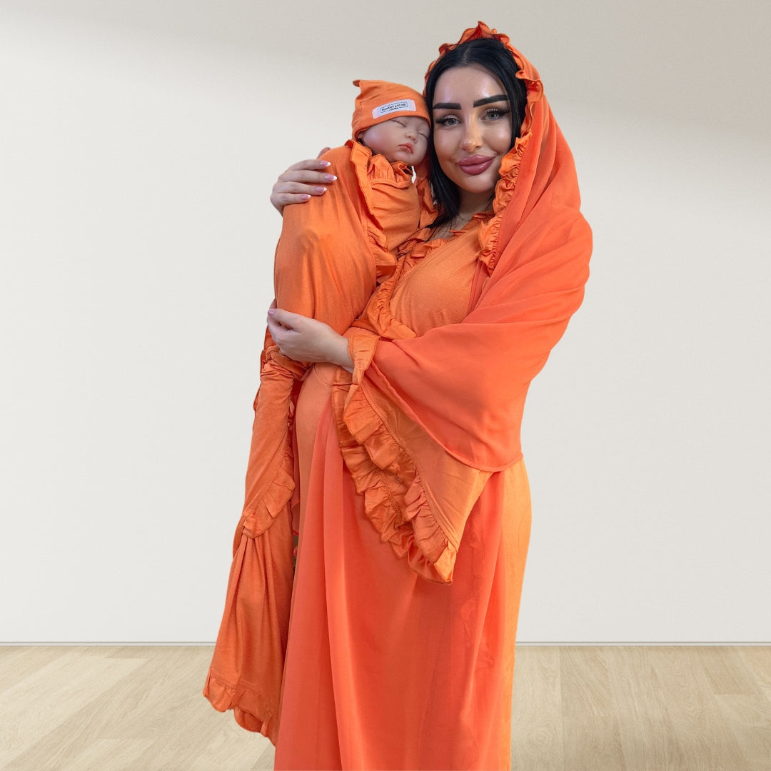 TANGERINE SIGNATURE RUFFLED ROBE AND LETTUCE SWADDLE SET