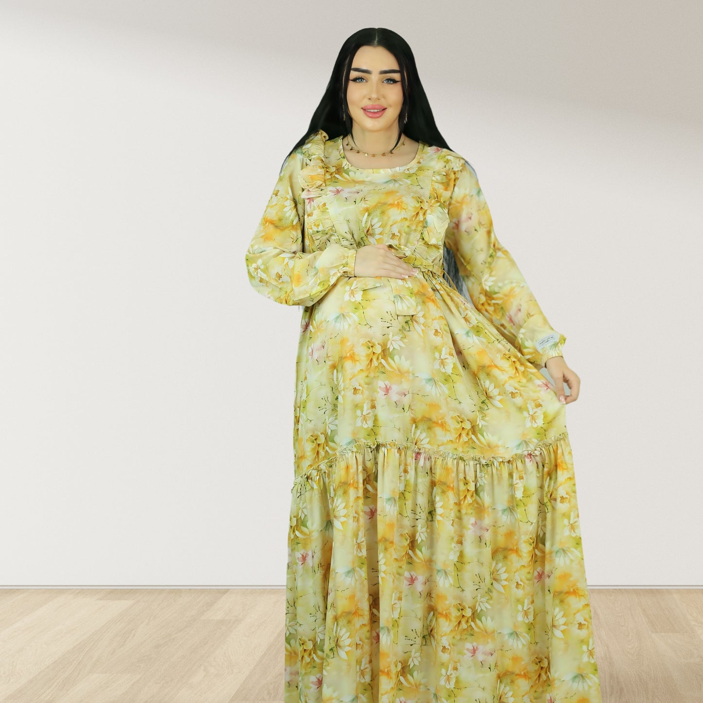 REEM YELLOW FLORAL DOUBLE ZIPPER MATERNITY AND NURSING DRESS