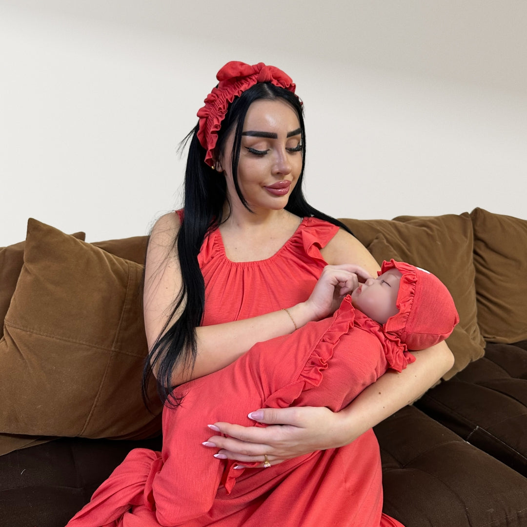 CORAL RED SIGNATURE RUFFLED ROBE AND LETTUCE SWADDLE SET