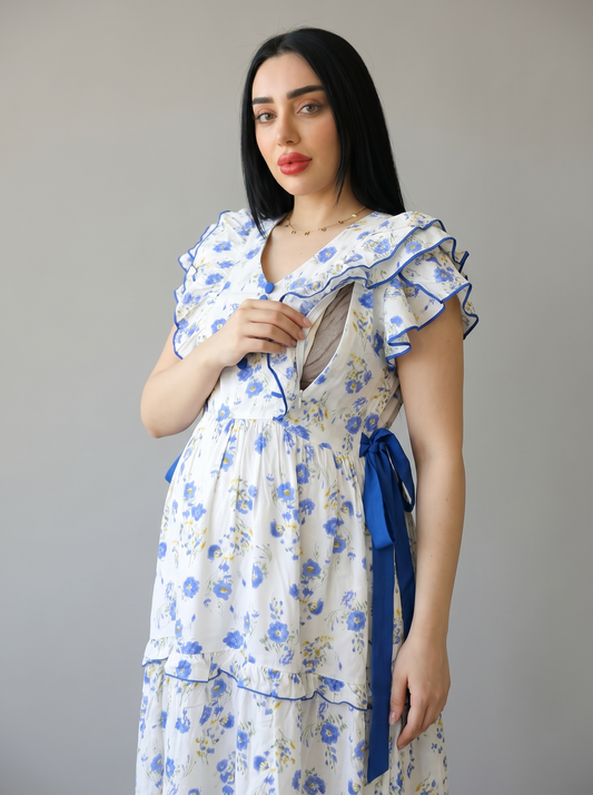BLUE CHERRY BLOSSOM FARASHA SLEEVELESS  LAYERED MATERNITY AND NURSING GOWN
