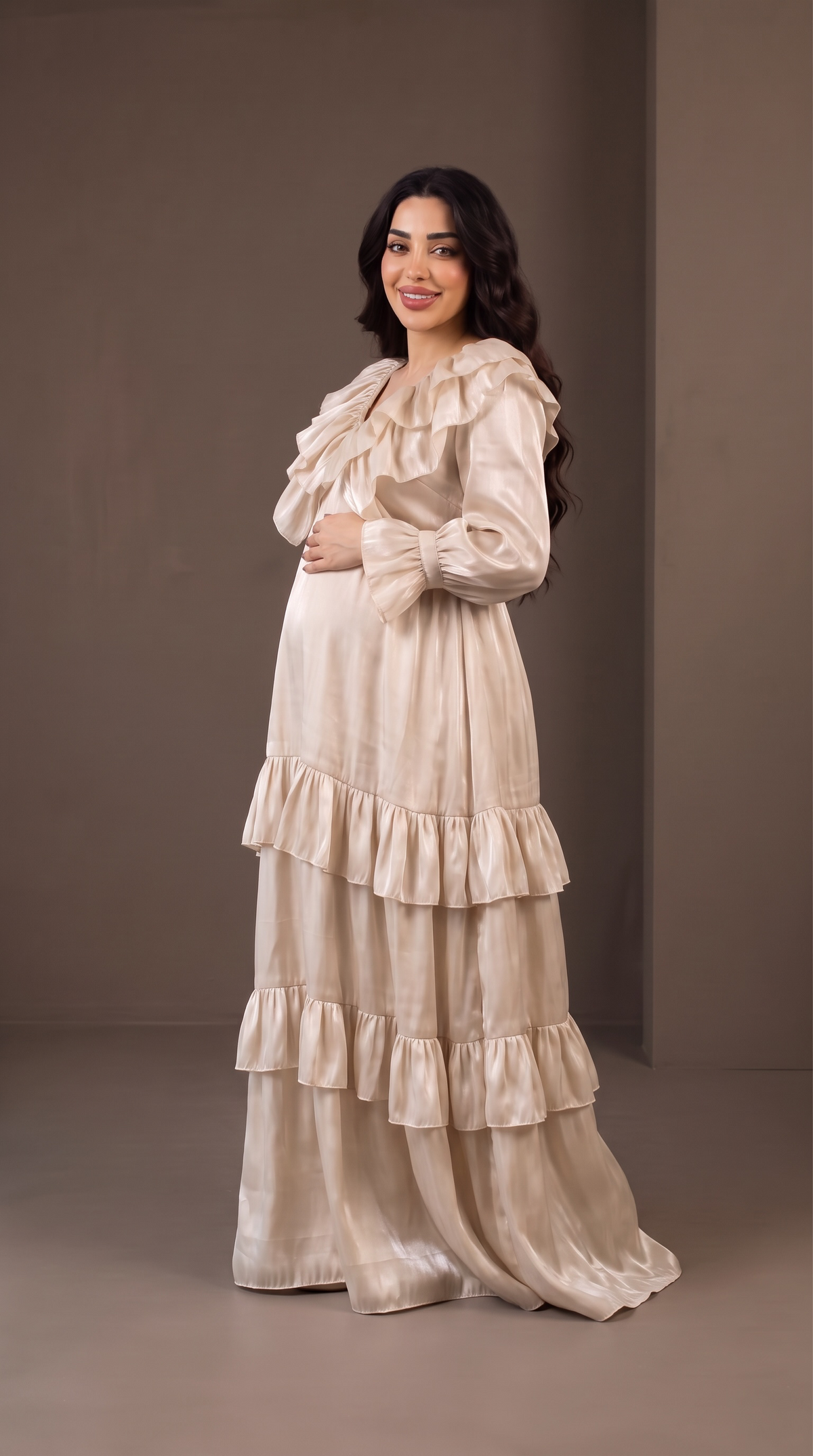 Theheb beige maternity and nursing dantela maxi