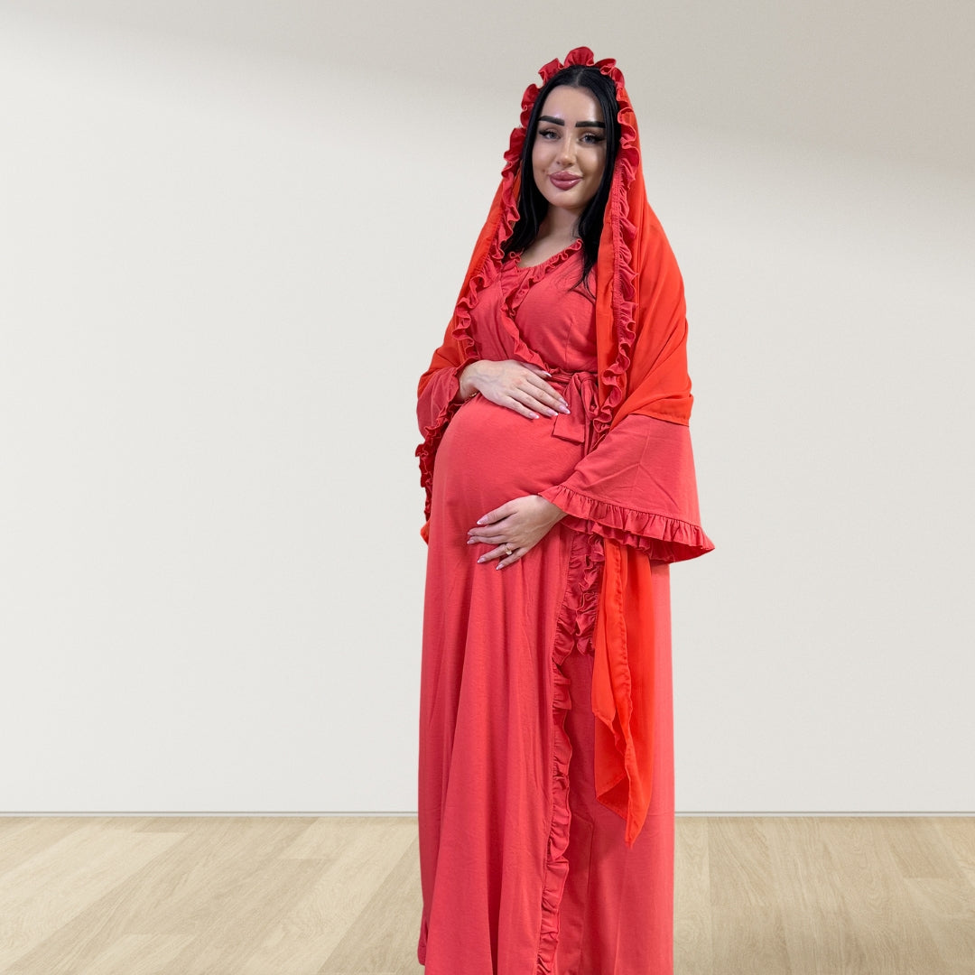 CORAL RED SIGNATURE RUFFLED ROBE AND LETTUCE SWADDLE SET