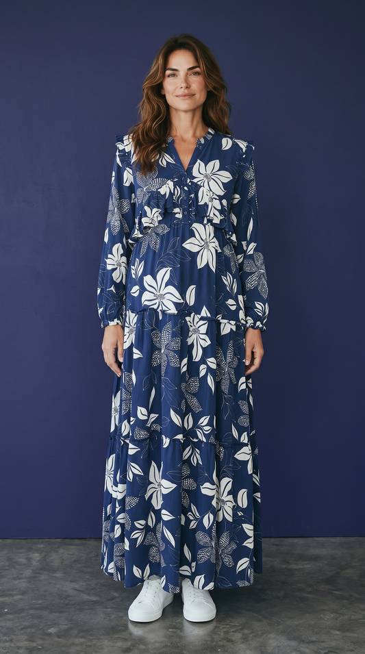 Malika Blue Ruffle Maternity and Nursing Dress With Zipper