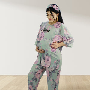 FLORAL GREEN DROP SHOULDER PAJAMA SET WITH MATCHING BABY ROMPER - STYLED BY MAMA