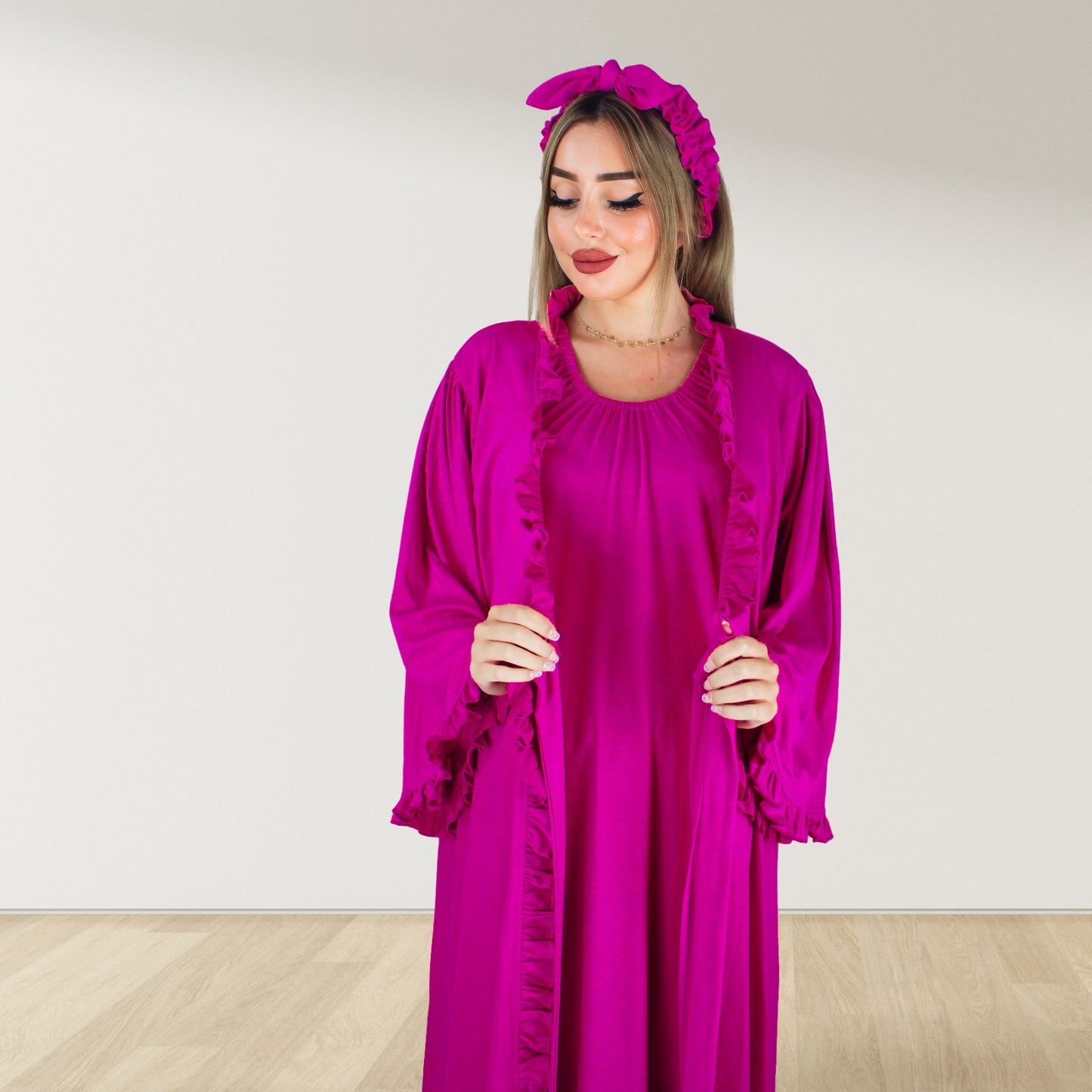 MAGENTA PINK SIGNATURE RUFFLED ROBE AND LETTUCE SWADDLE SET