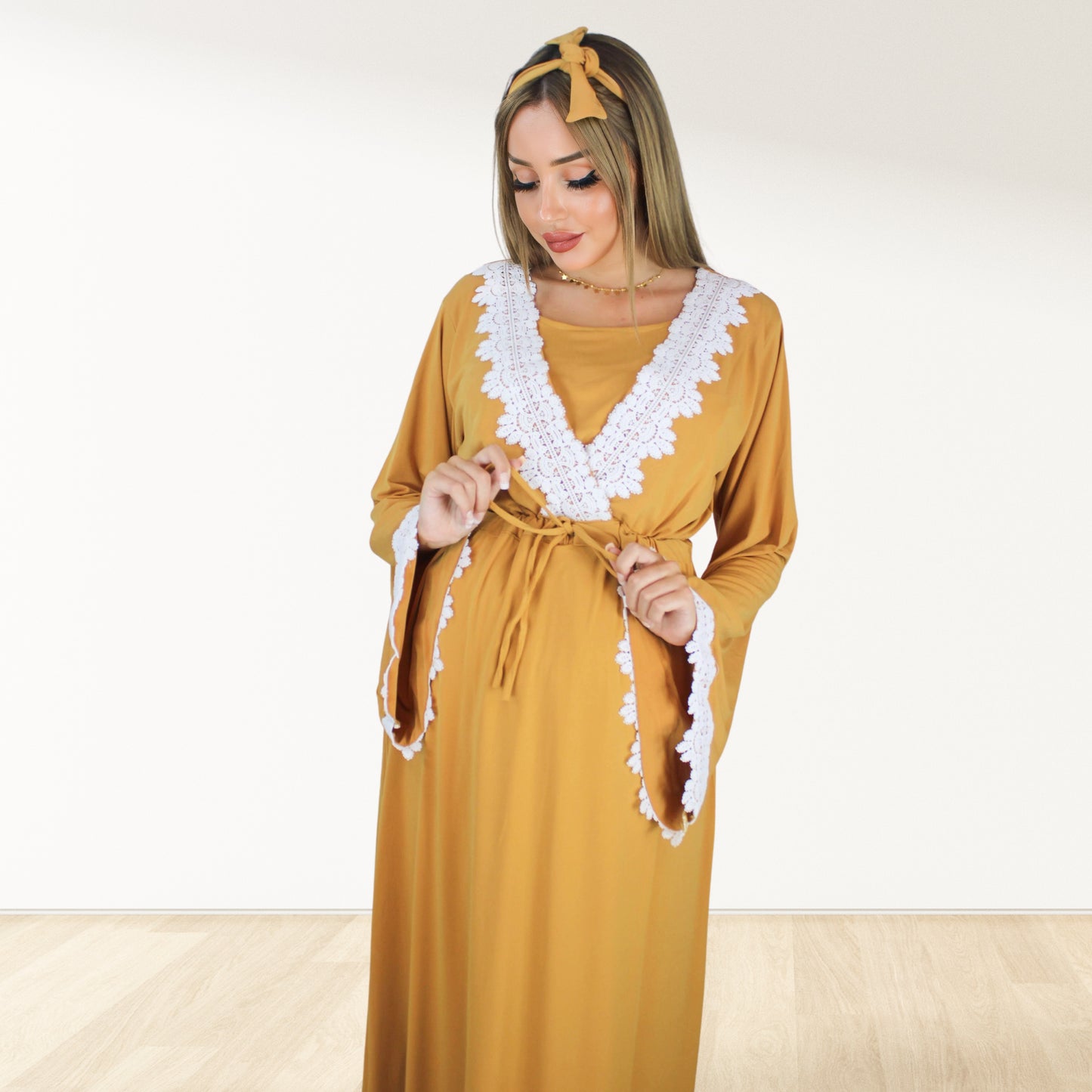 PRETTY IN MUSTARD YELLOW MATERNITY MAXI AND SWADDLE BLANKET  SET