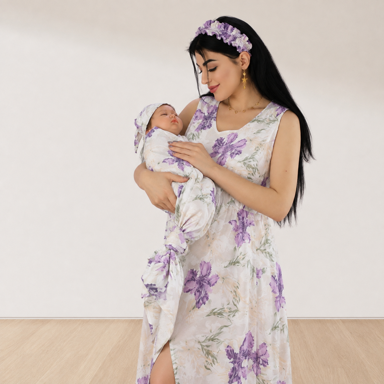LILAC SPRING MOMMY AND ME 5 IN 1 LONG MATERNITY SET
