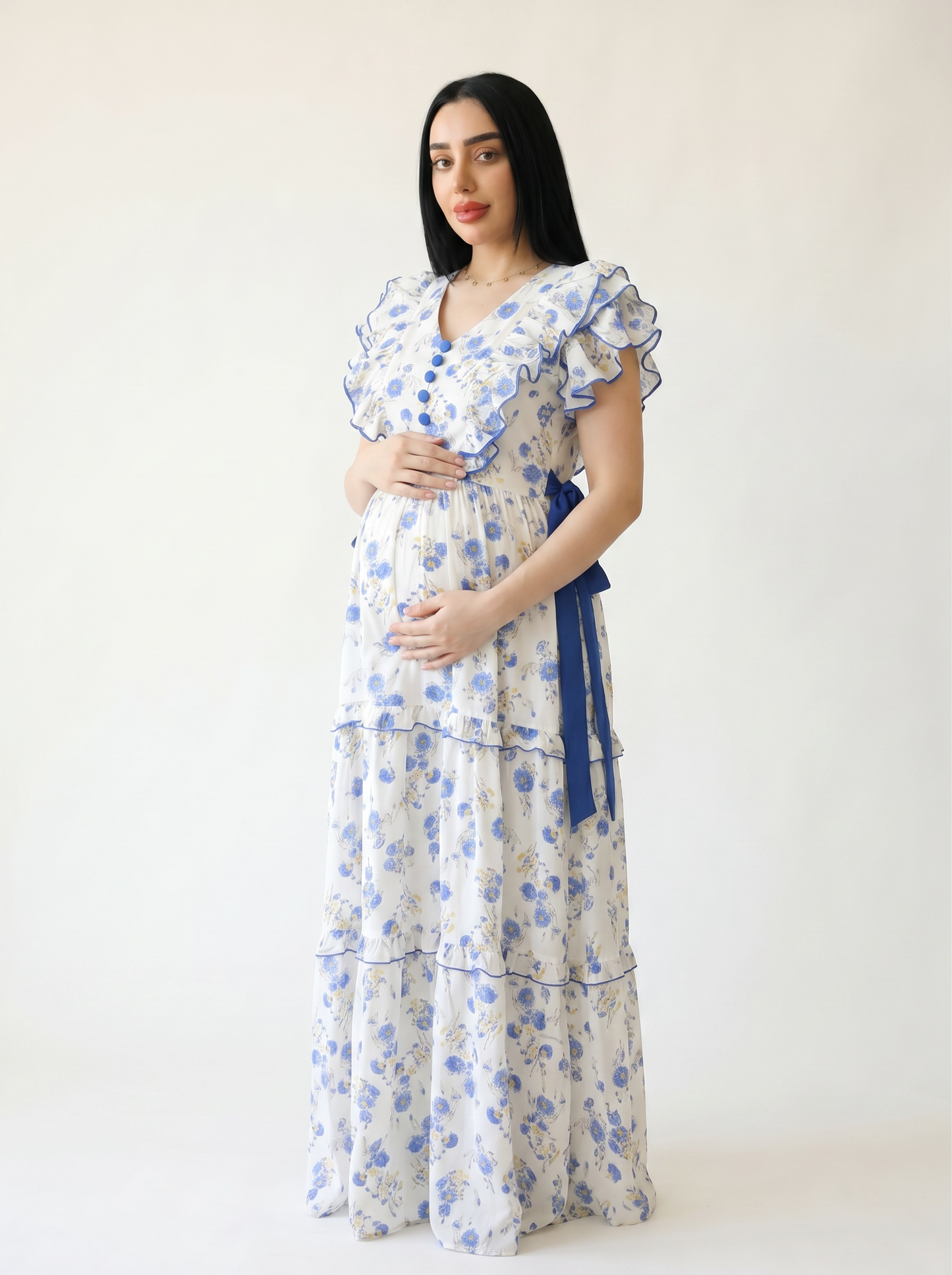 BLUE CHERRY BLOSSOM FARASHA SLEEVELESS  LAYERED MATERNITY AND NURSING GOWN