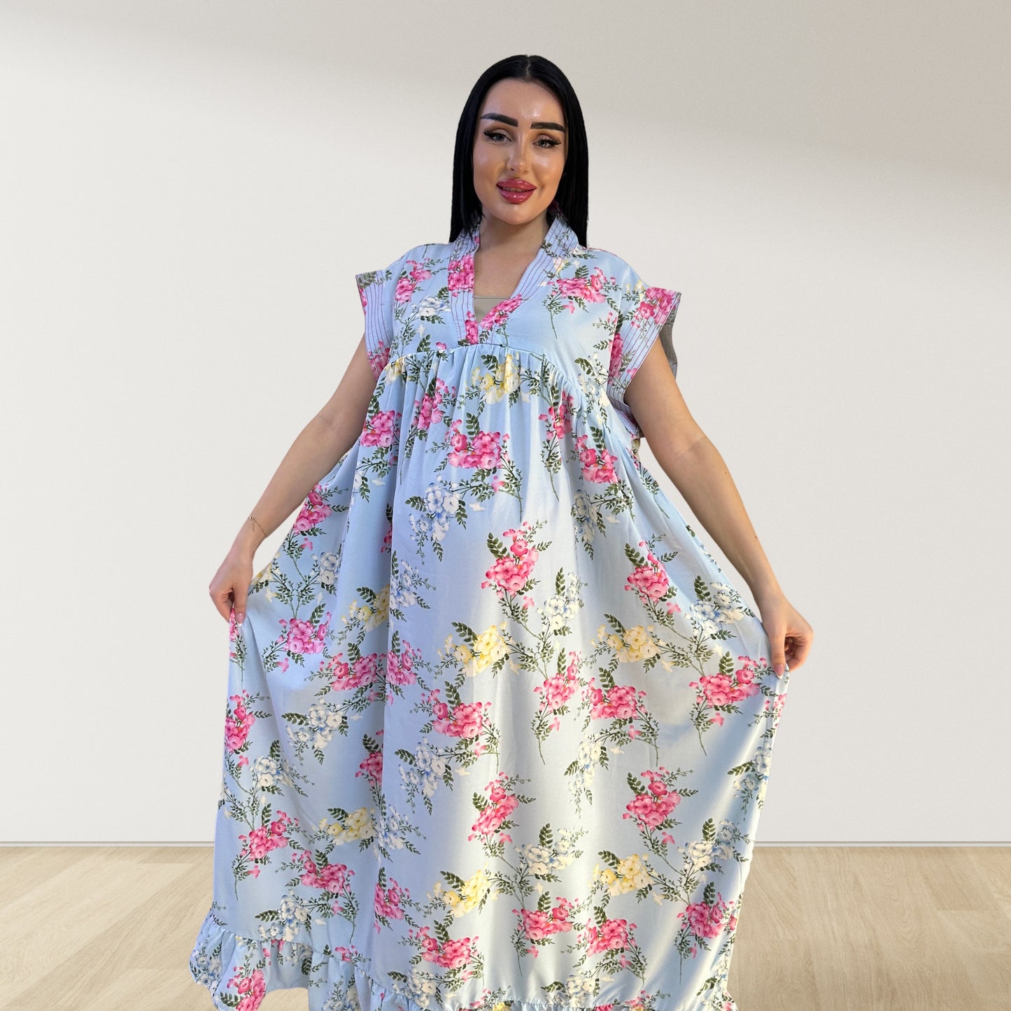 BABY BLUE FLORAL LULU SLEEVELESS MATERNITY AND NURSING GOWN