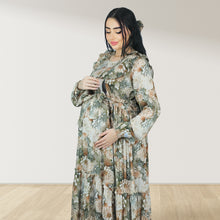 Load image into Gallery viewer, REEM COFFEE BROWN FLORAL DOUBLE ZIPPER MATERNITY AND NURSING DRESS
