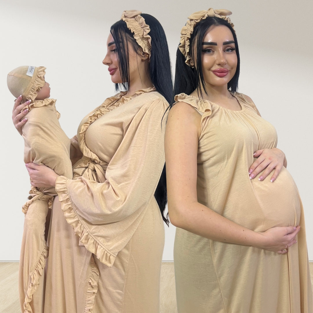 SAND BEIGE SIGNATURE RUFFLED ROBE AND LETTUCE SWADDLE SET
