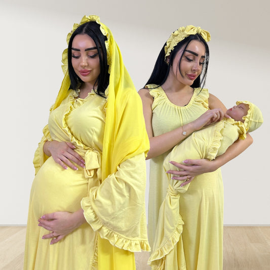BUTTER YELLOW SIGNATURE RUFFLED ROBE AND LETTUCE SWADDLE SET