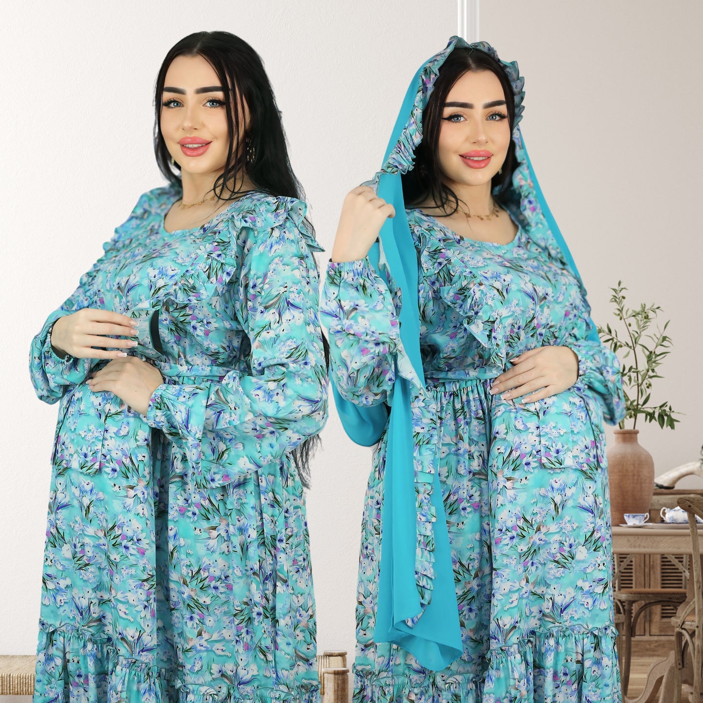 فستان ريم للحمل والرضاعة بلون أزرق سماوي مزين بالزهور، مزود بسحاب مزدوج