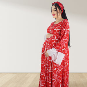 MAHRA RED PREMIUM COTTON TRIMMED  MATERNITY AND NURSING DRESS WITH ZIPPER