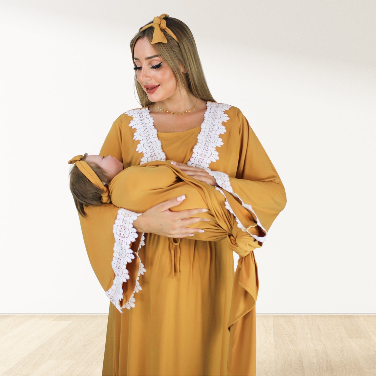 PRETTY IN MUSTARD YELLOW MATERNITY MAXI AND SWADDLE BLANKET  SET