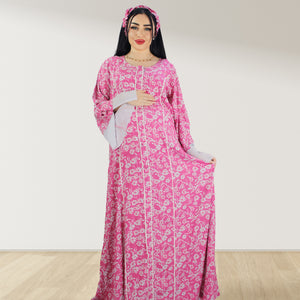 MAHRA PINK PREMIUM COTTON TRIMMED  MATERNITY AND NURSING DRESS WITH ZIPPER