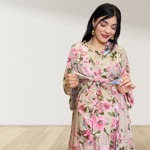 BEIGE BLOSSOM MOMMY AND ME 5 IN 1 LONG MATERNITY SET