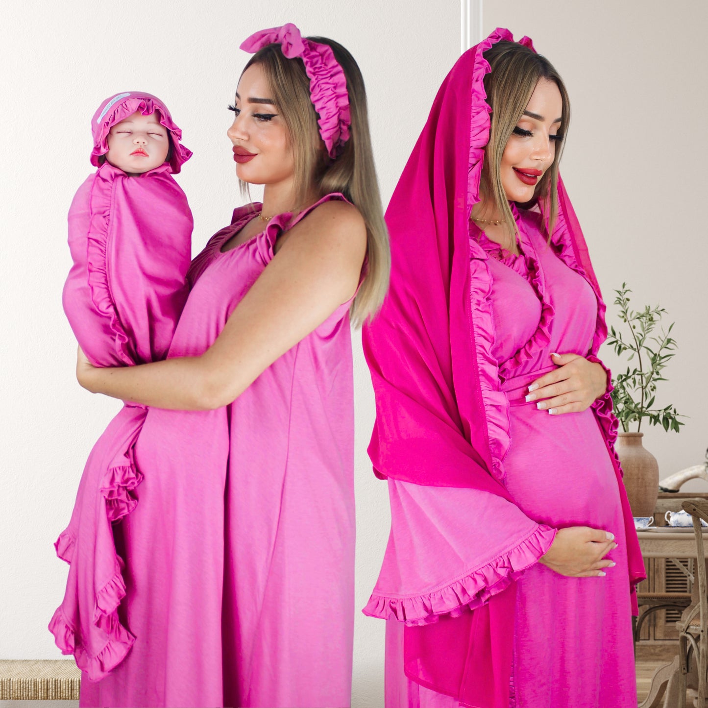 BARBIE PINK SIGNATURE RUFFLED ROBE AND LETTUCE SWADDLE SET
