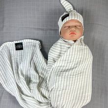 Load image into Gallery viewer, Grey stripes Muslin organic cotton swaddles styled by mommy and me arabia
