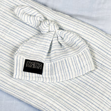 Load image into Gallery viewer, Baby blue stripes print muslin organic cotton swaddles styled by mommy and me arabia
