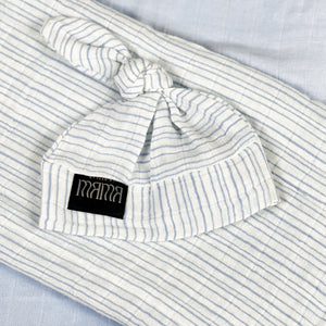 Baby blue stripes print muslin organic cotton swaddles styled by mommy and me arabia