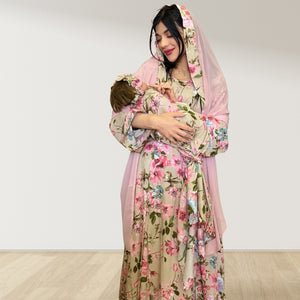 BEIGE BLOSSOM MOMMY AND ME 5 IN 1 LONG MATERNITY SET