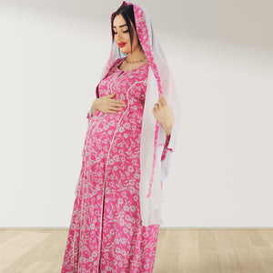 MAHRA PINK PREMIUM COTTON TRIMMED  MATERNITY AND NURSING DRESS WITH ZIPPER