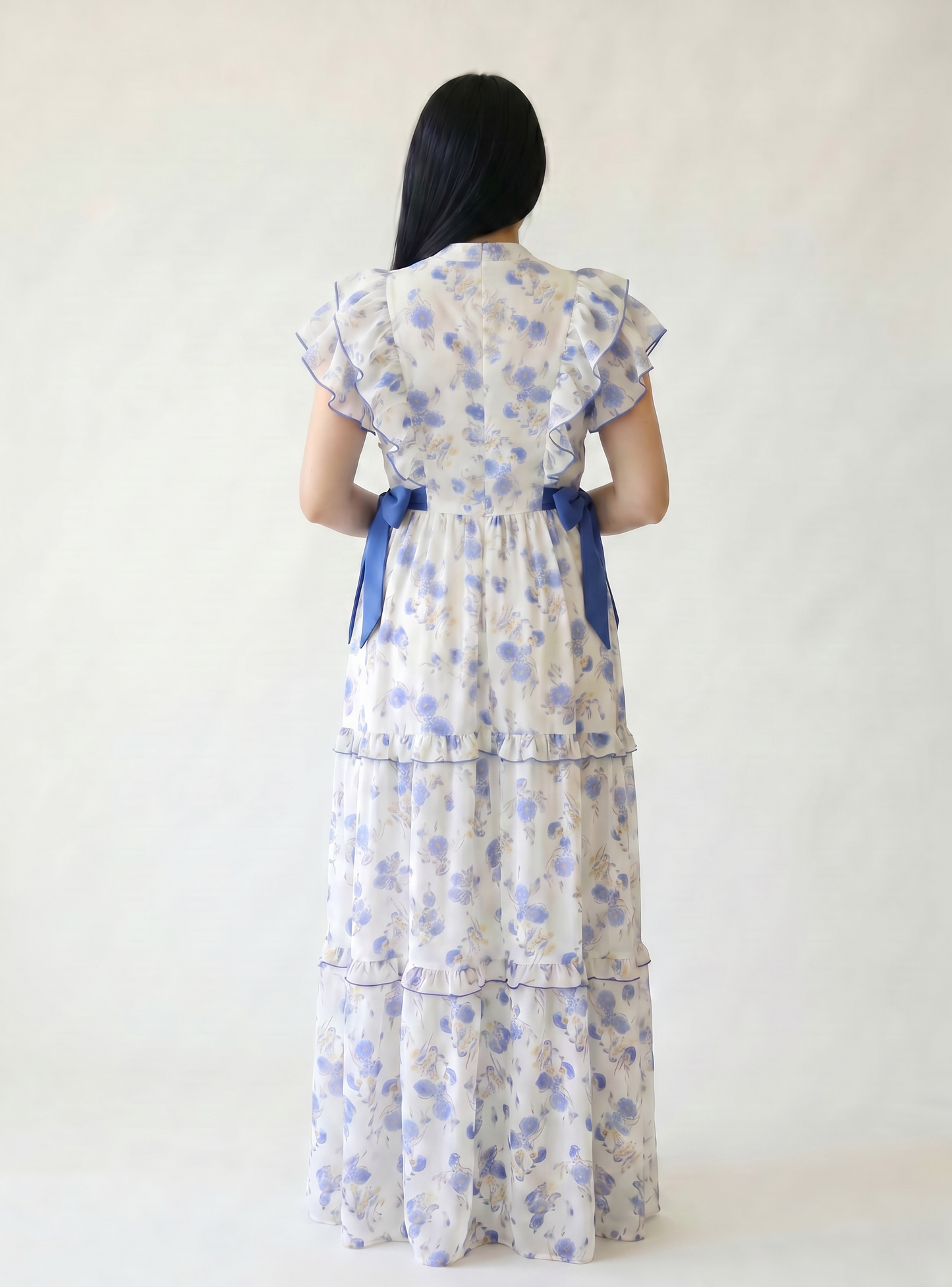 BLUE CHERRY BLOSSOM FARASHA SLEEVELESS  LAYERED MATERNITY AND NURSING GOWN